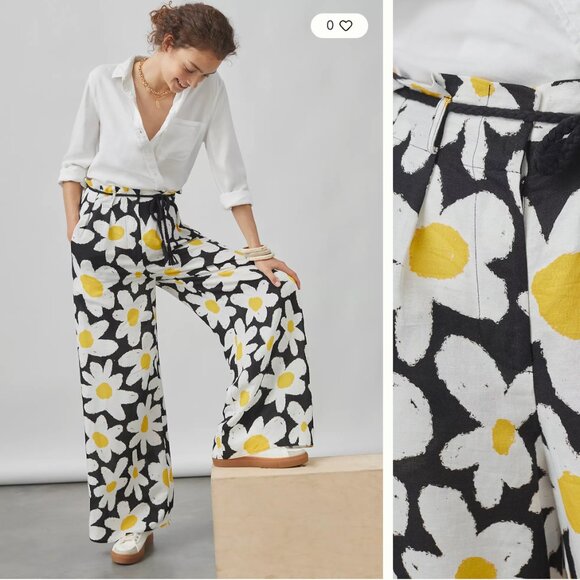 Sz L Anthropologie Farm Rio Black and White Floral Wide-Leg Pants - Picture 2 of 5